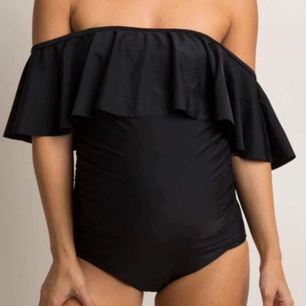 PinkBlush Black Ruffle Trim Ruched One-Piece Maternity Swimsuit - Medium